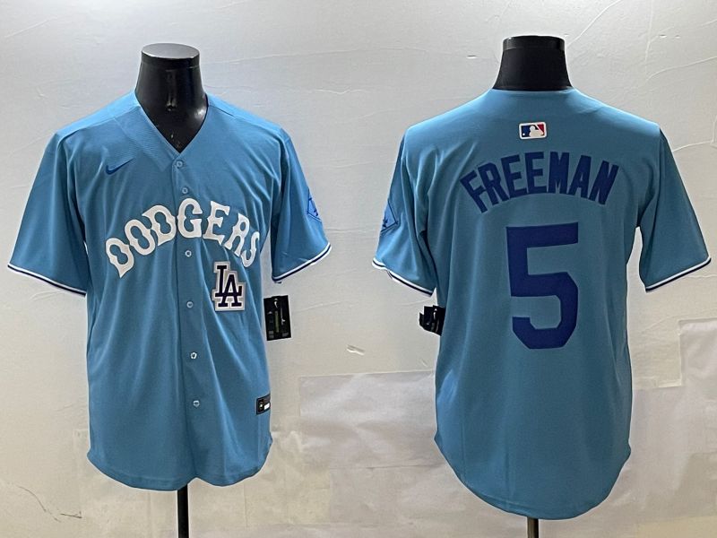 Men Los Angeles Dodgers 5 Freeman Light Blue Throwback Game 2025 Nike MLB Jersey style 12